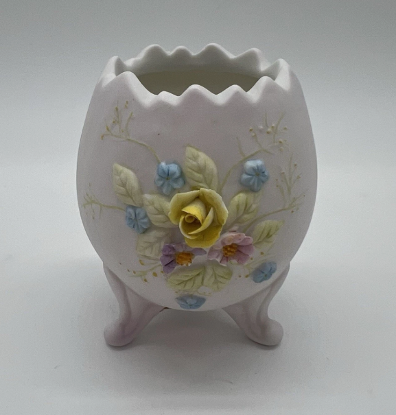 Vintage Lefton Porcelain Egg-Shaped Footed Vase with Floral Details