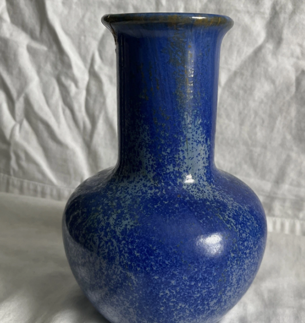Vintage Fulper Style Drip Glaze Art Pottery Vase, Blue and Orange, 8 Inch